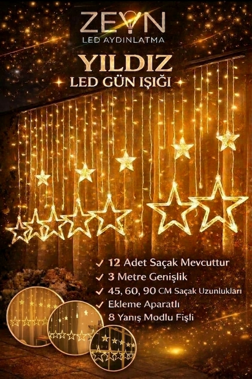 Yıldız Led Gün Işığı 3 Metre 12 Saçaklı Perde Aydınlatma