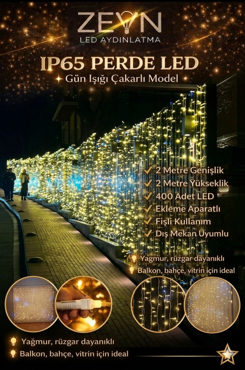 IP65 Perde Led Dış Mekan 2x2 Metre 400 Ledli Gün Işığı Çakarlı