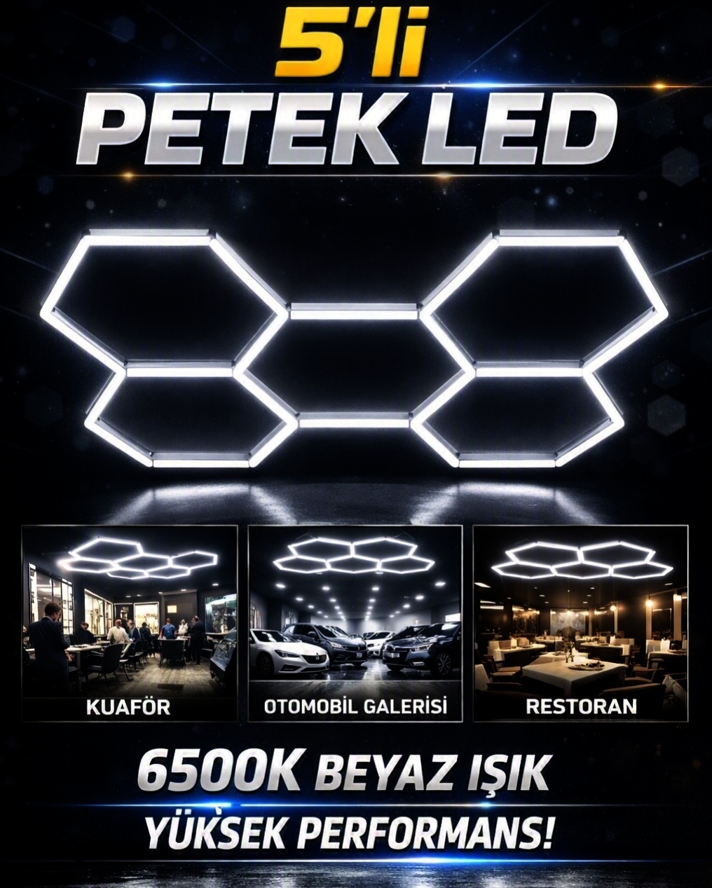 5'li Petek LED Tavan Aydınlatma Seti - 6500K Beyaz Işık Garaj, Oto Detailing & İş Yeri Tavan Lambası