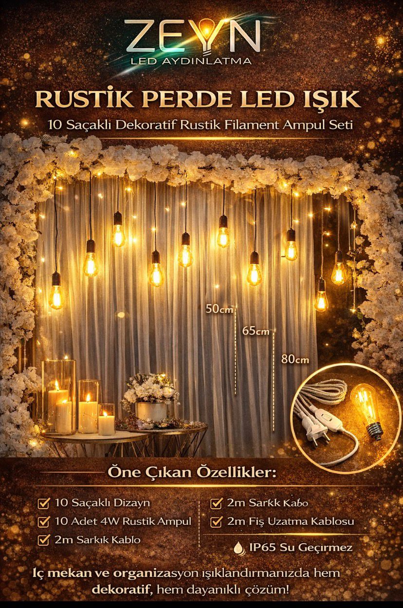 Rustik Perde LED Işık – 10 Saçaklı Dekoratif Organizasyon Aydınlatması