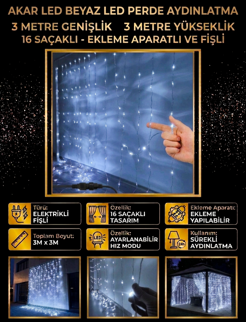Akar LED Beyaz Perde Aydınlatma 3 Metre 16 Saçaklı Animasyonlu Dekoratif Işık Sistemi
