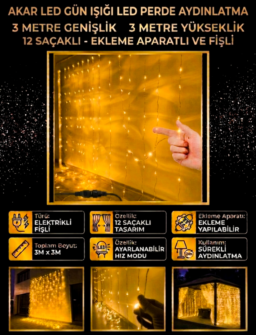 ​Akar LED Gün Işığı Perde Aydınlatma 3 Metre 12 Saçaklı Animasyonlu Dekoratif Işık Sistemi