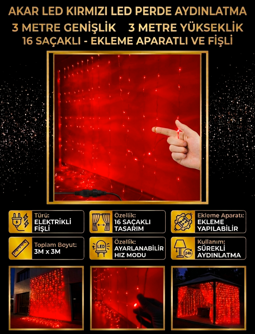 ​Akar LED Kırmızı Perde Aydınlatma 3 Metre 16 Saçaklı Animasyonlu Dekoratif Işık Sistemi