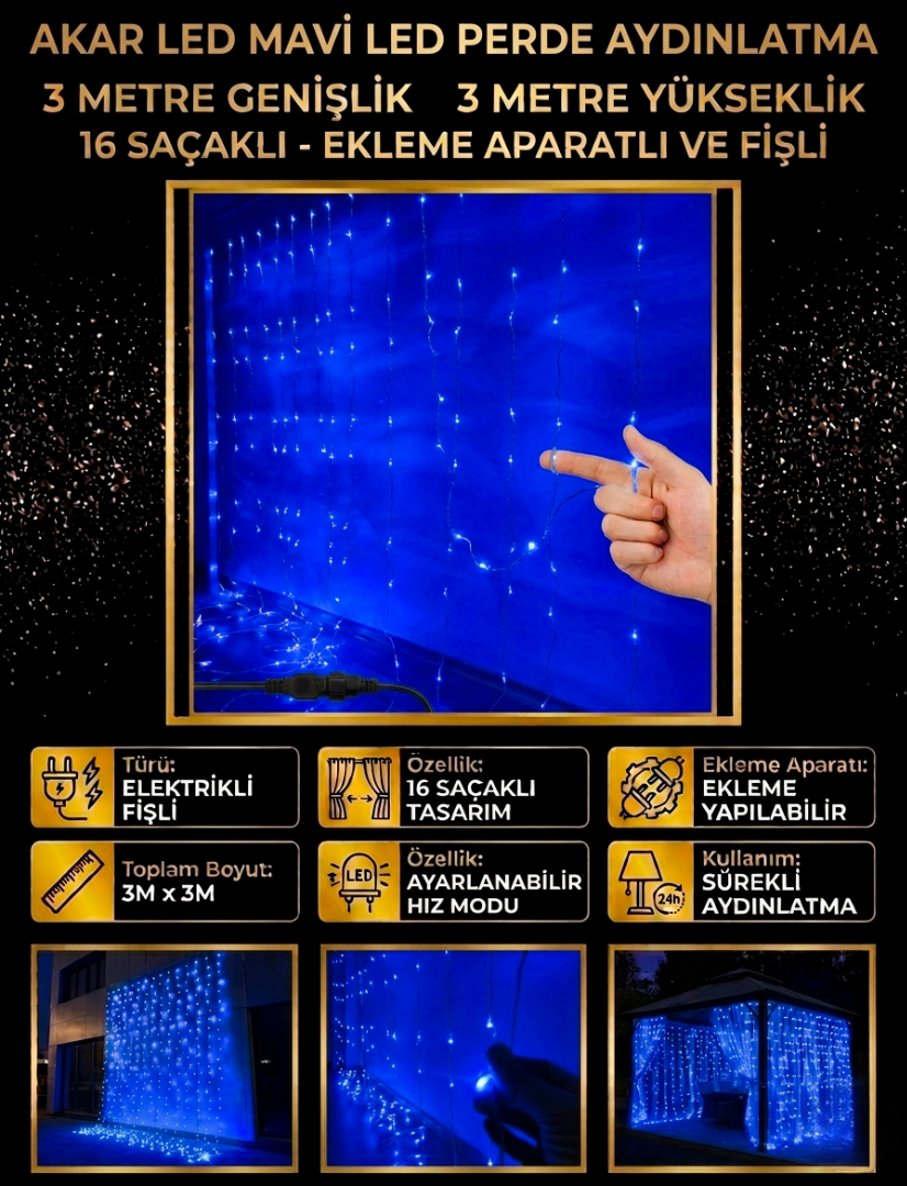 Akar LED Mavi Perde Aydınlatma 3 Metre 16 Saçaklı Animasyonlu Dekoratif Işık Sistemi