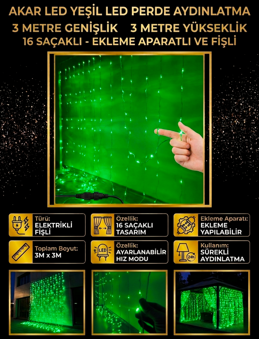 Akar LED Yeşil Perde Aydınlatma 3 Metre 16 Saçaklı Animasyonlu Dekoratif Işık Sistemi