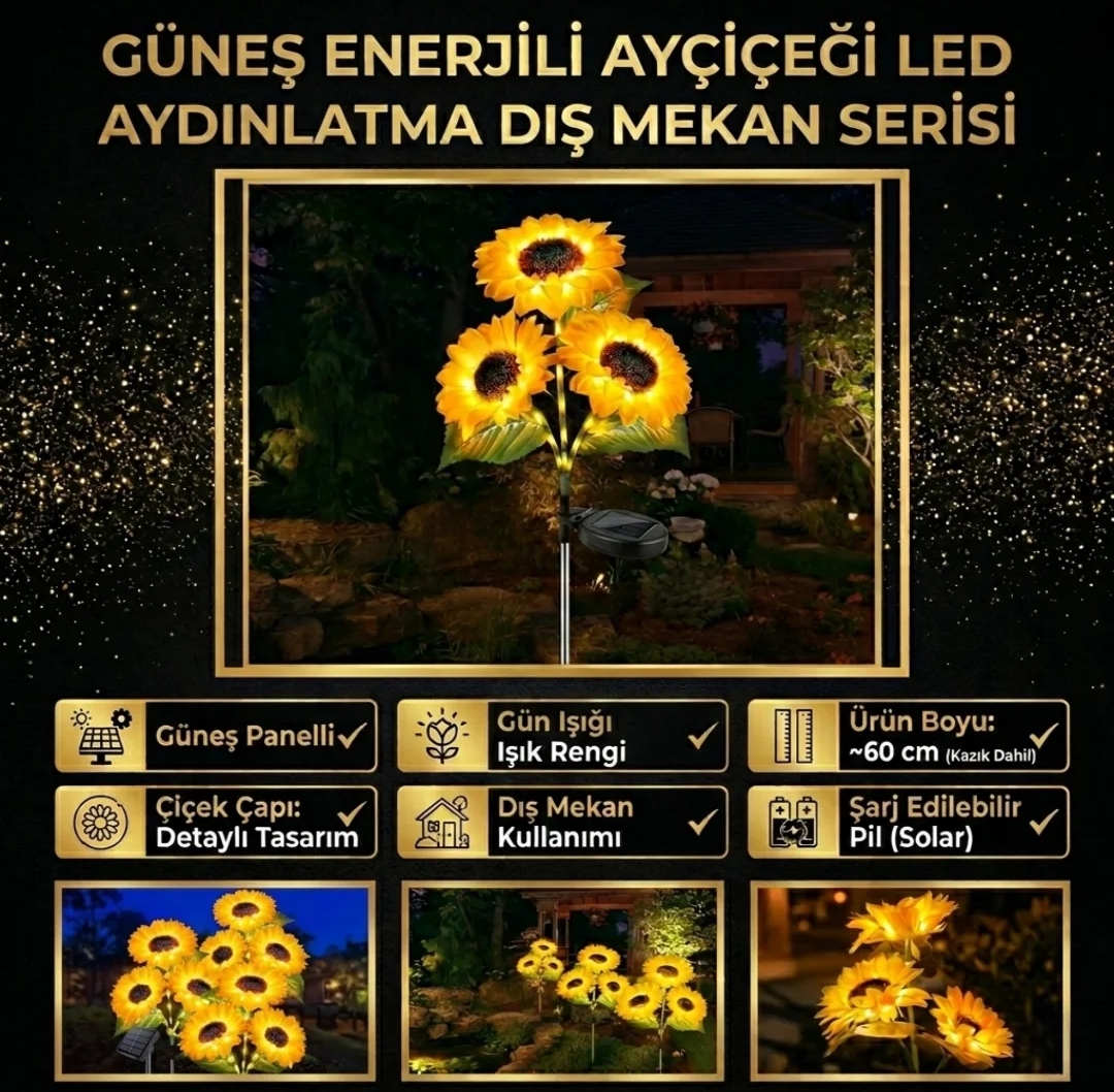 Ayçiçeği Solar LED Bahçe Aydınlatması - Gerçekçi Tasarım 2'li Set