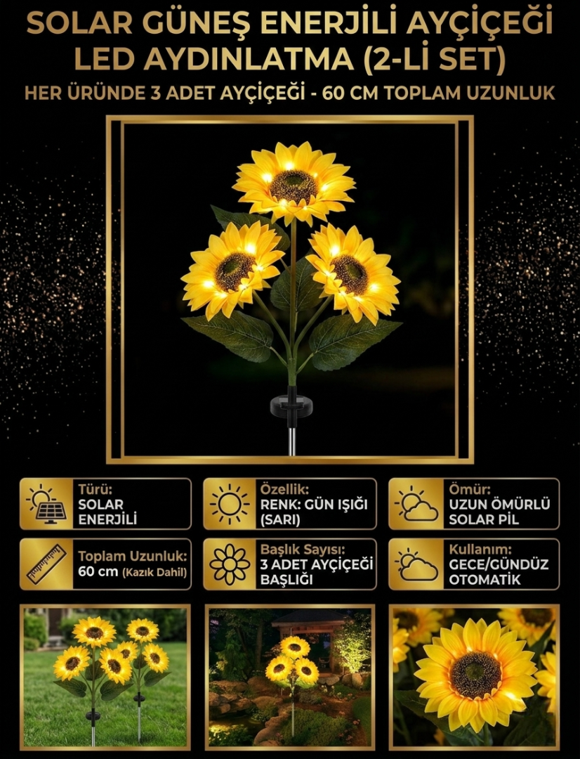 Ayçiçeği Solar LED Bahçe Aydınlatması - Gerçekçi Tasarım 2'li Set