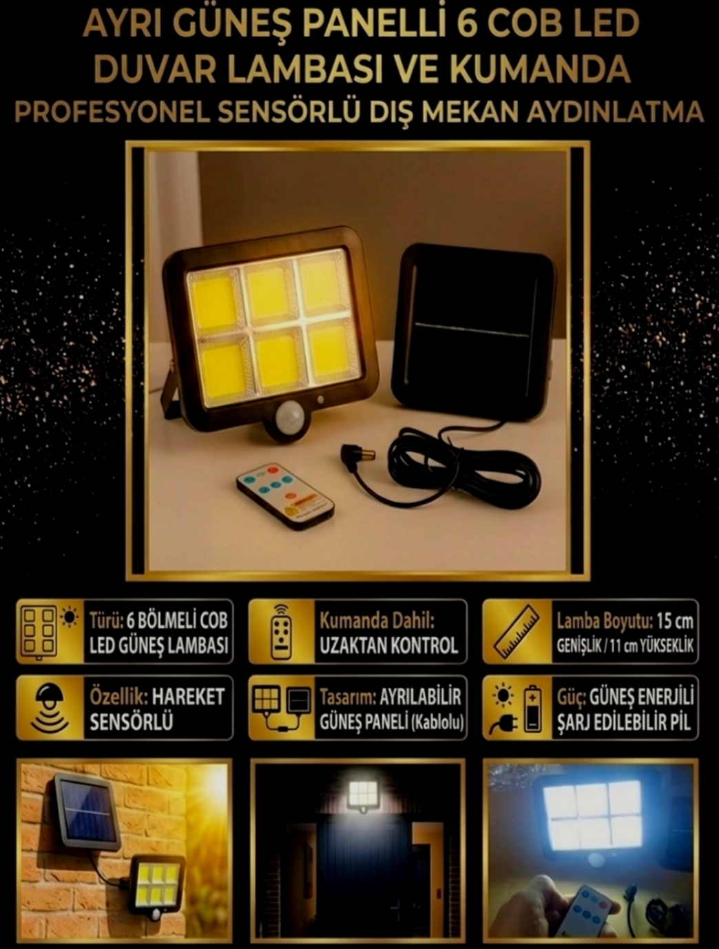 COB LED Solar Duvar Lambası - Hareket Sensörlü ve Kumandalı