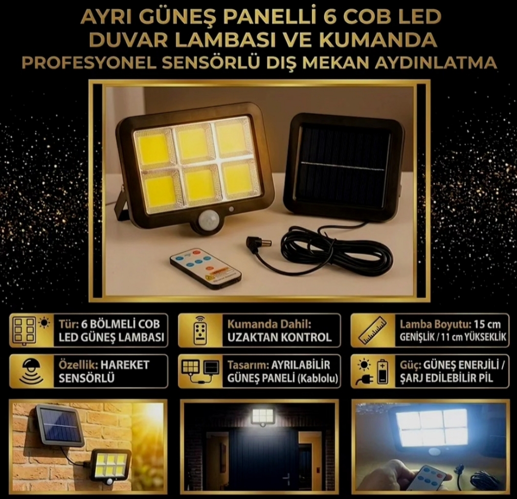 COB LED Solar Duvar Lambası - Hareket Sensörlü ve Kumandalı