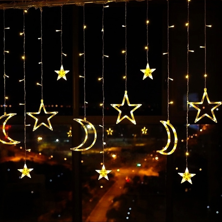 Ay Yıldız LED Işık Perdesi - 3 Metre, Eklenebilir Fişli, 8 Modlu, 12 Saçak