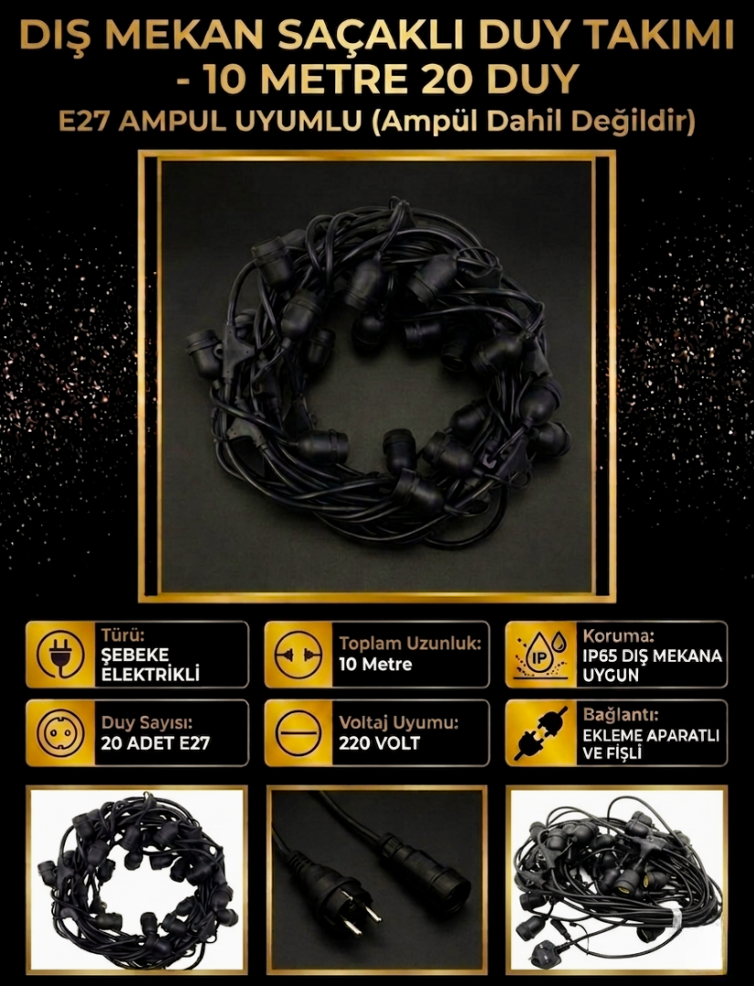 Dış Mekan Saçaklı Duy Takımı 10 Metre 20 Duy E27 Ampul Uyumlu Su Geçirmez Bahçe Aydınlatması