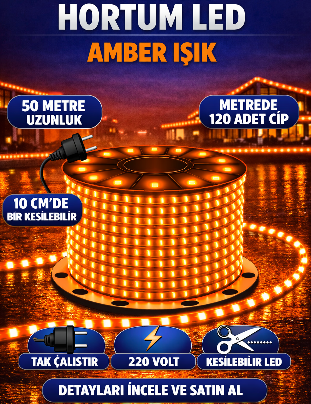 Hortum LED 50 Metre Amber Dış Mekan