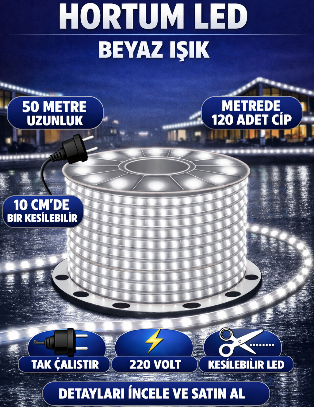 Hortum LED 50 Metre Beyaz Işık