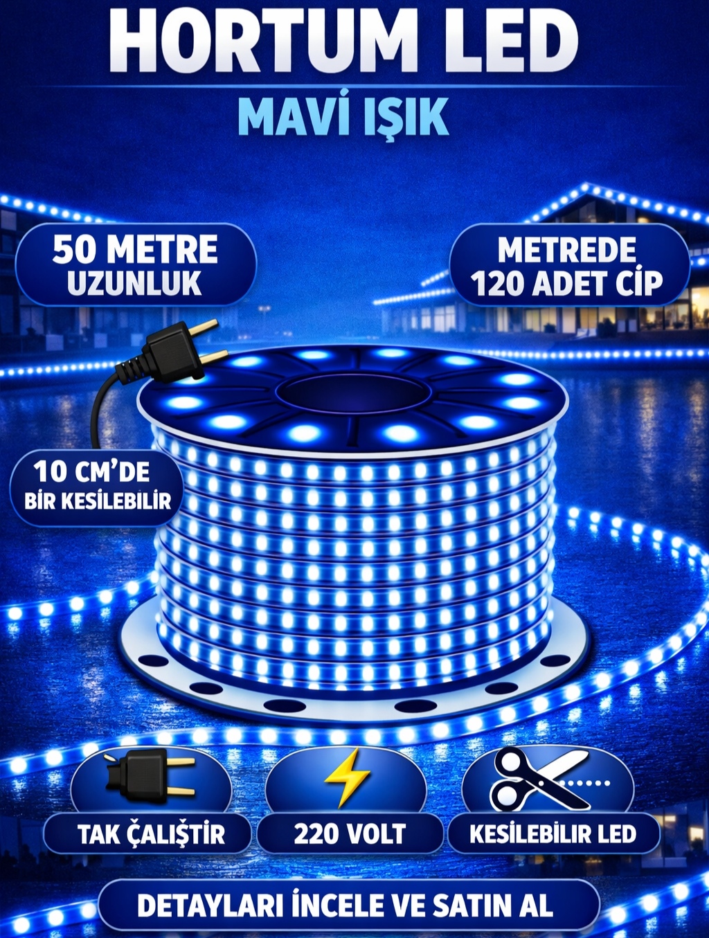 Hortum LED 50 Metre Mavi