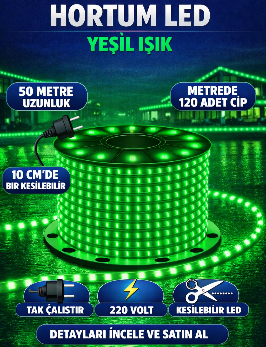 Hortum LED 50 Metre Yeşil Dış Mekan