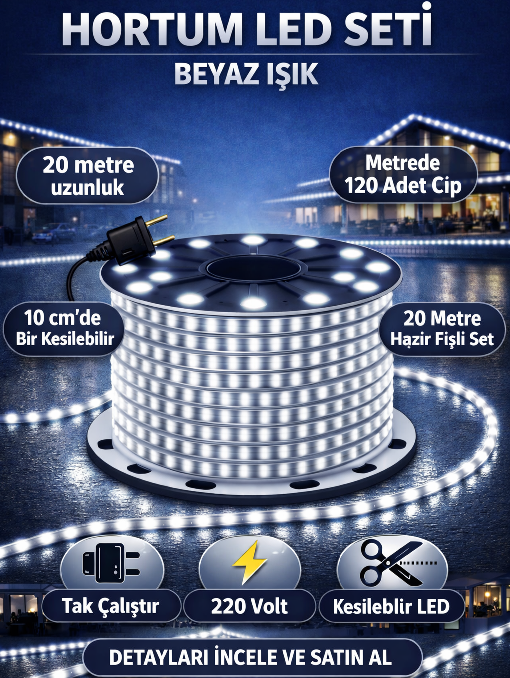 Hortum LED Seti Beyaz Işık 20 Metre
