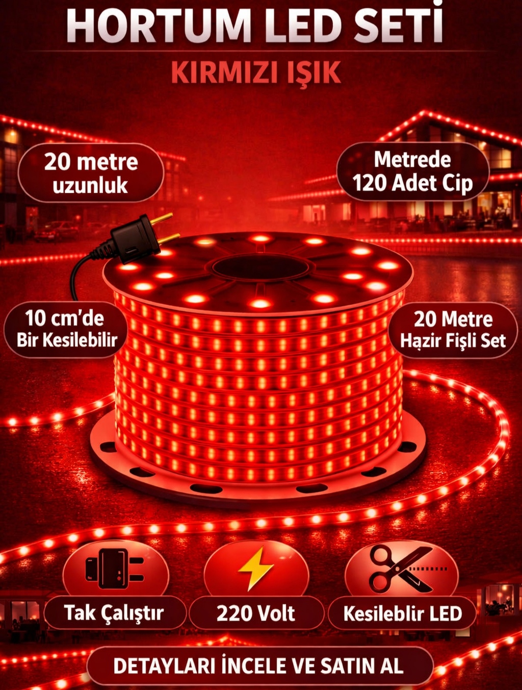 Hortum LED Seti Kırmızı Işık 20 Metre