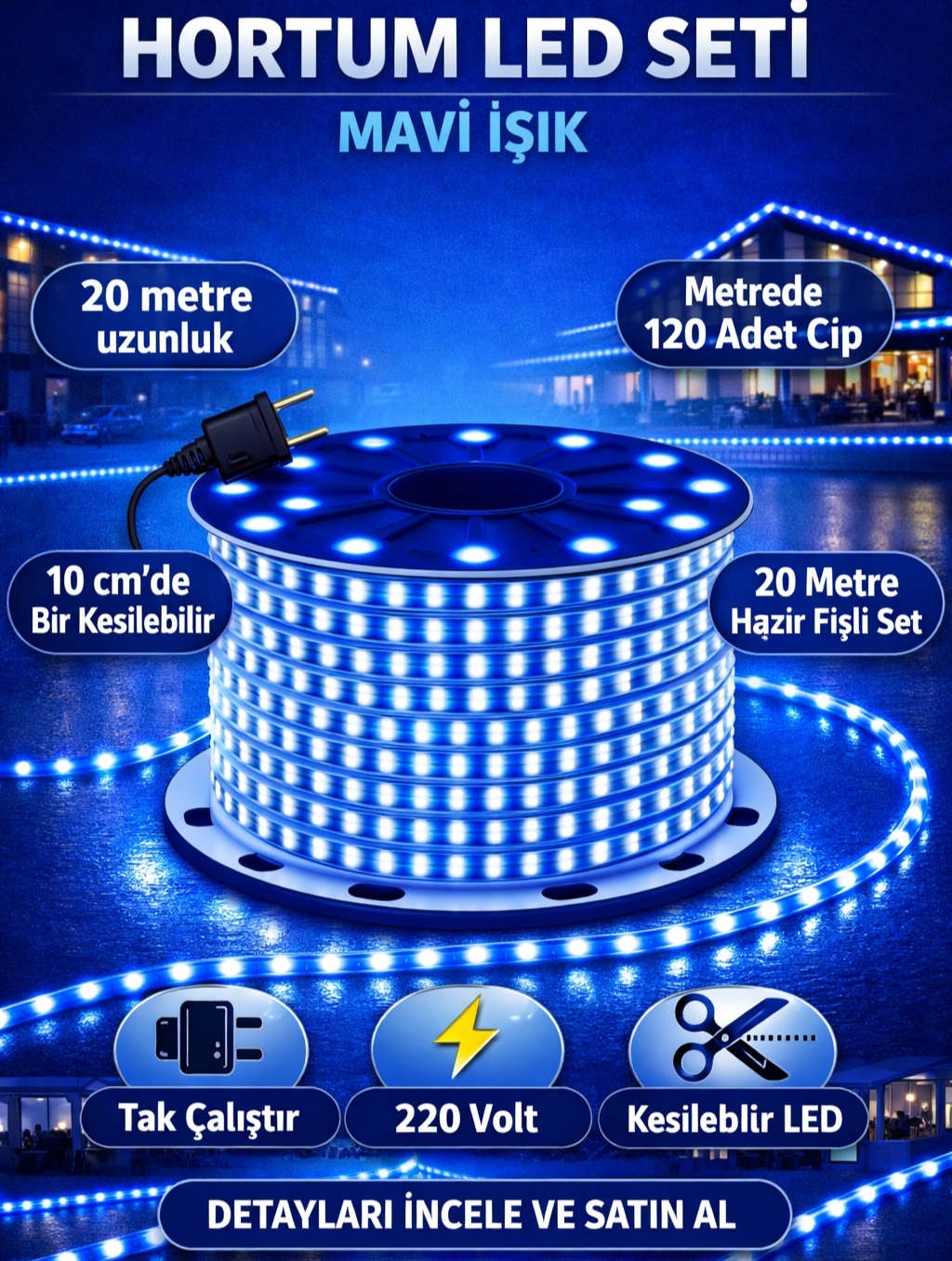 Hortum LED Seti Mavi Işık 20 Metre