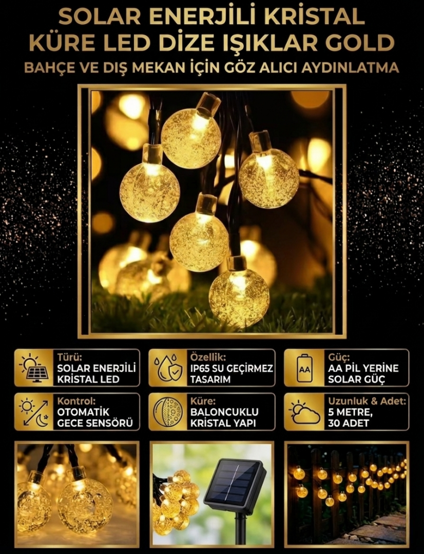 Kristal Küre LED Güneş Enerjili Bahçe Aydınlatması - 5 Metre 