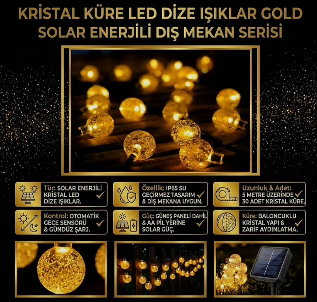 Kristal Küre LED Güneş Enerjili Bahçe Aydınlatması - 5 Metre 
