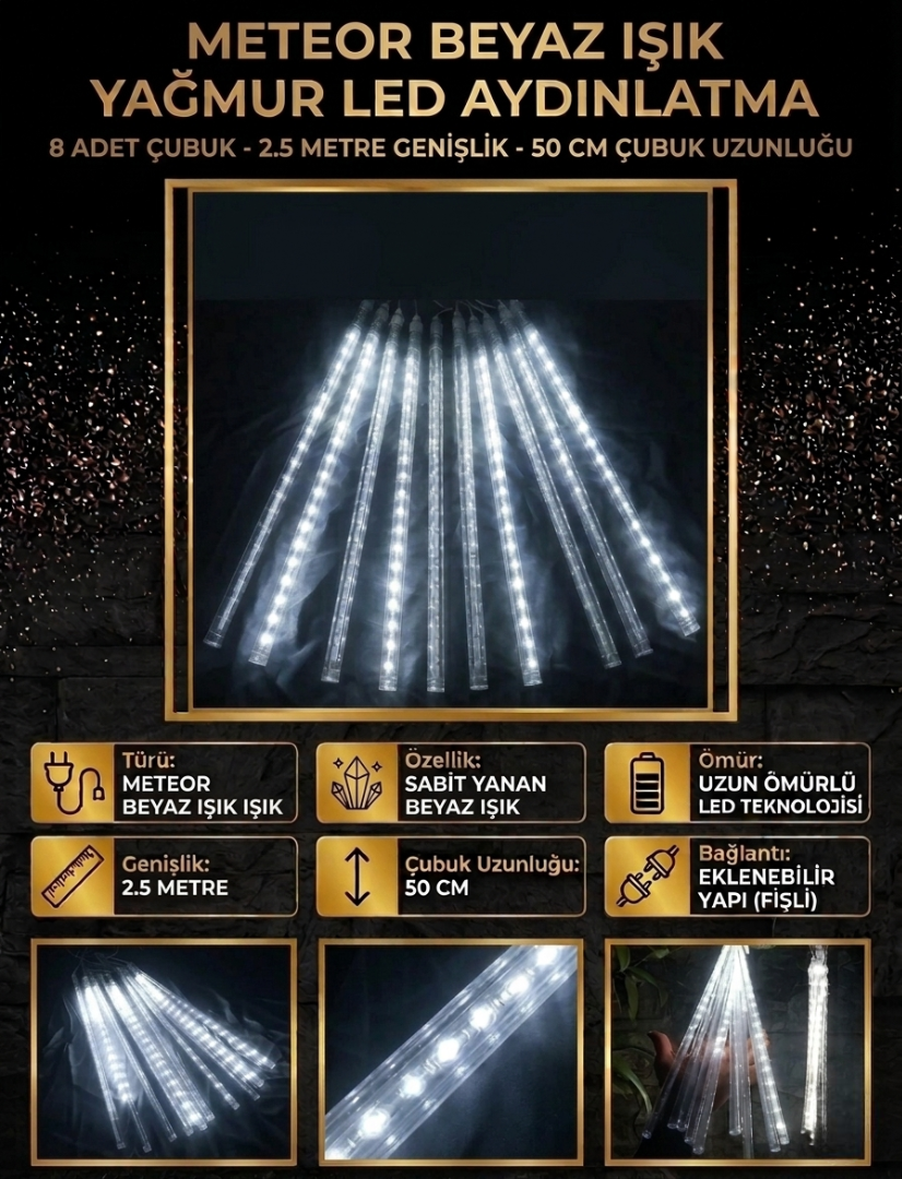 Meteor LED Beyaz Işık Aydınlatma - 8 Çubuklu 2.5 Metre Genişlik Dış Mekan Akan Işık Sistemi