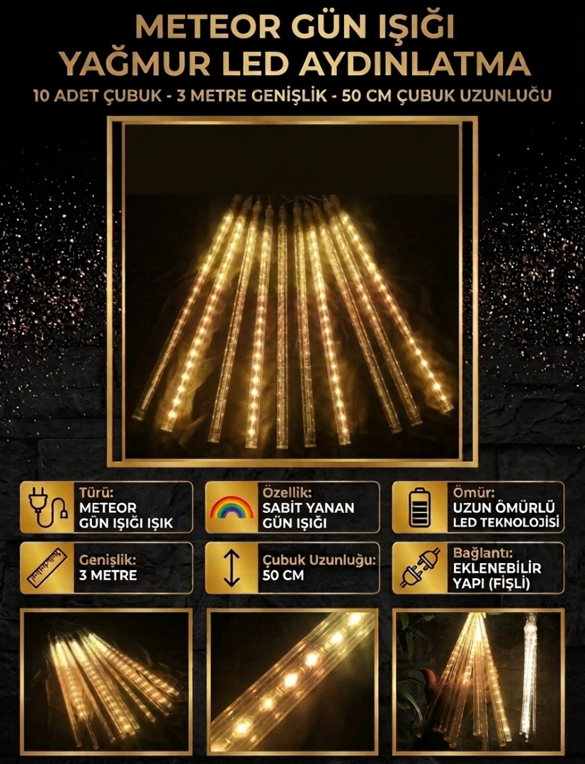 Meteor LED Günışığı Aydınlatma 10 Çubuklu 3 Metre Genişlik Dış Mekan Akan Işık Sistemi