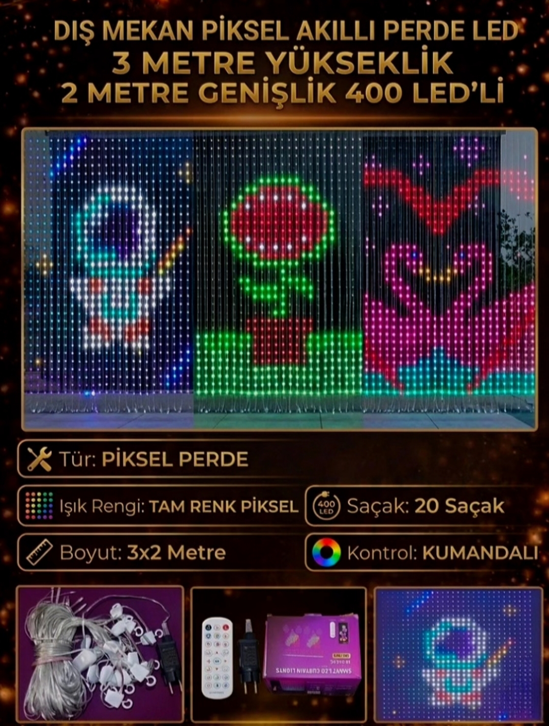 Piksel Akıllı Perde LED Dış Mekan – 3x2 Metre 400 LED’li Animasyonlu Aydınlatma