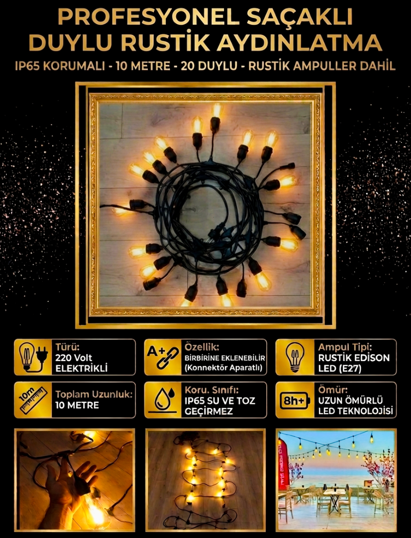 Saçaklı Duy Takımı Rustik Aydınlatma 10 Metre 20 Duy IP65 Su Geçirmez Edison Ampul Dahil Set