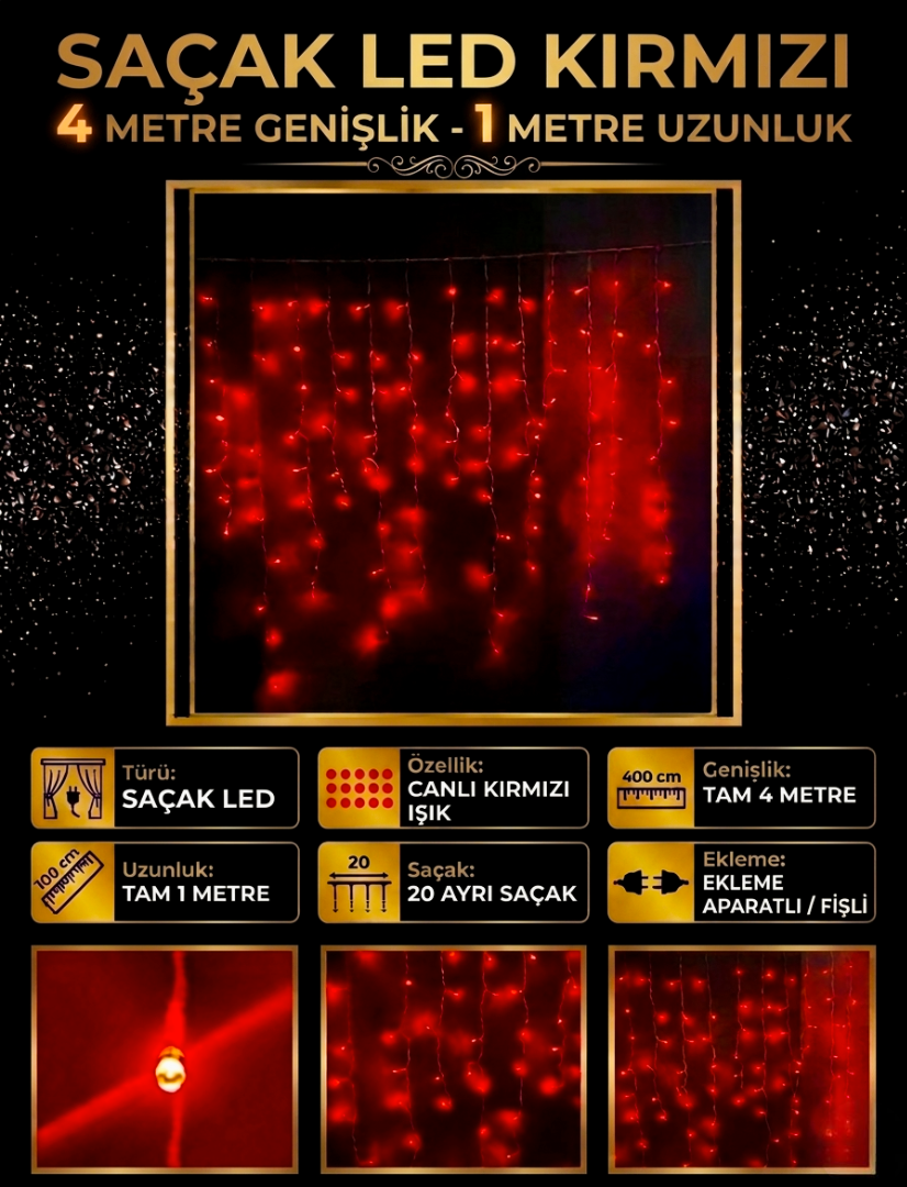 Saçak LED Kırmızı 4 Metre Dekoratif Mekan Aydınlatma ve Etkinlik Işığı