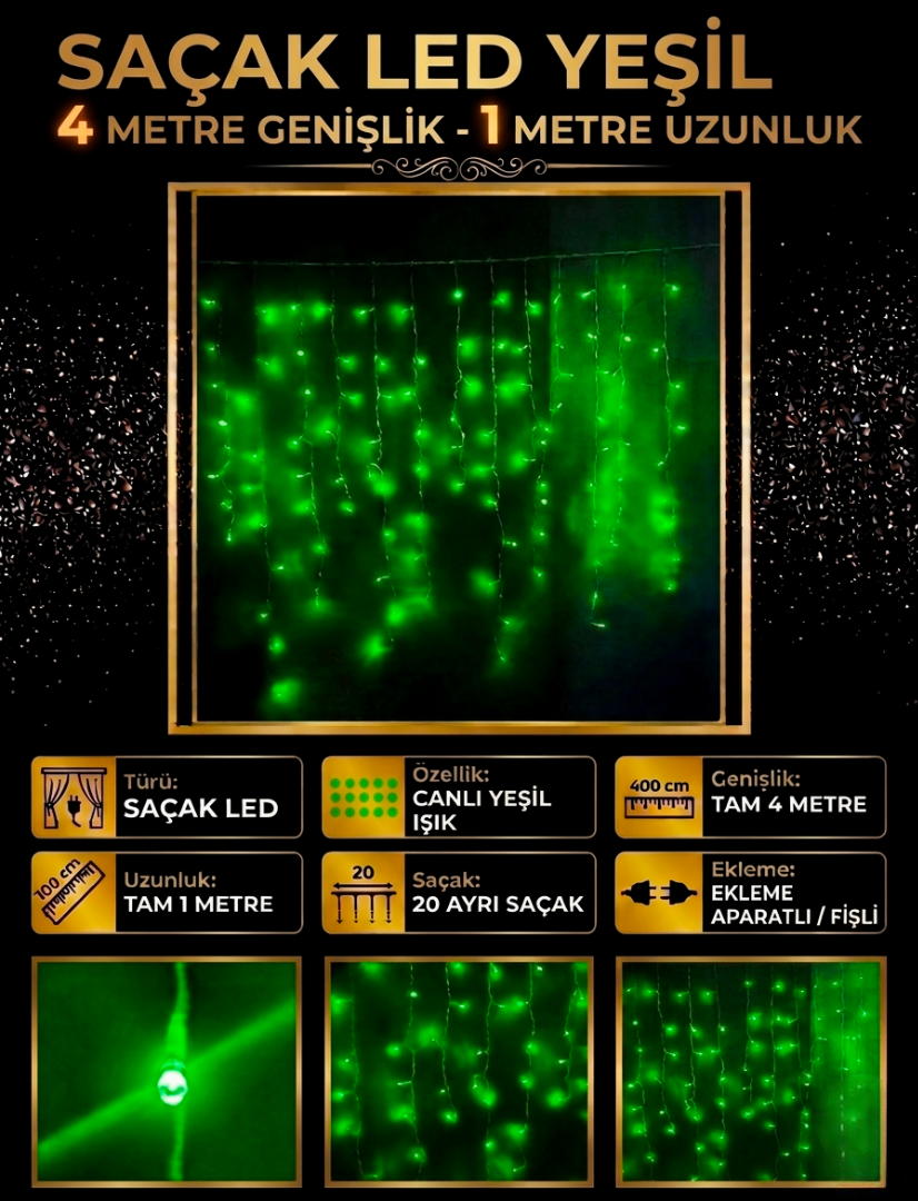 Saçak LED Yeşil 4 Metre Dekoratif Mekan Aydınlatma ve Dış Mekan Organizasyon Işığı