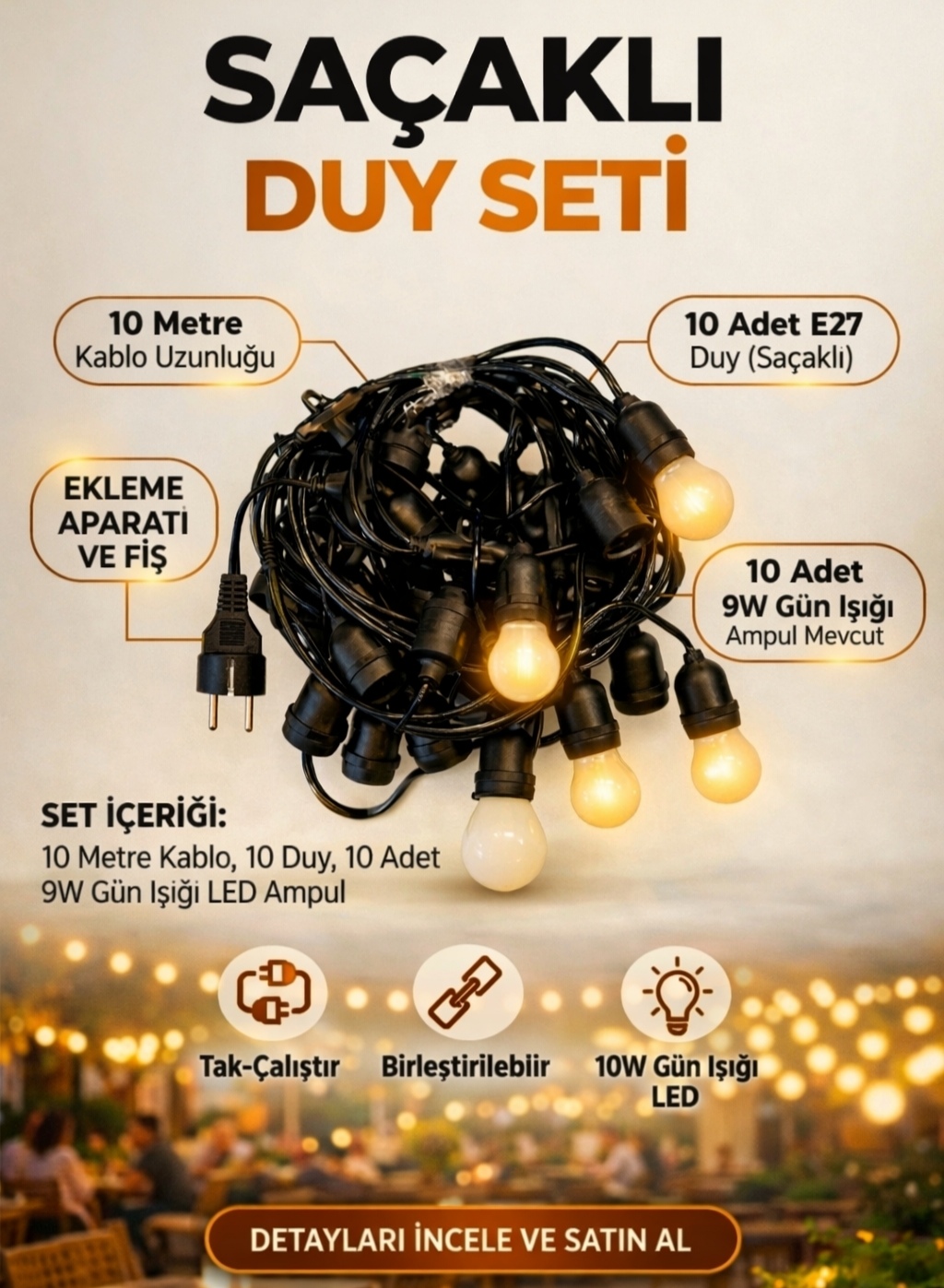 Saçaklı Duy Seti 10 Metre 10lu Gün Işığı Bahçe Aydınlatması