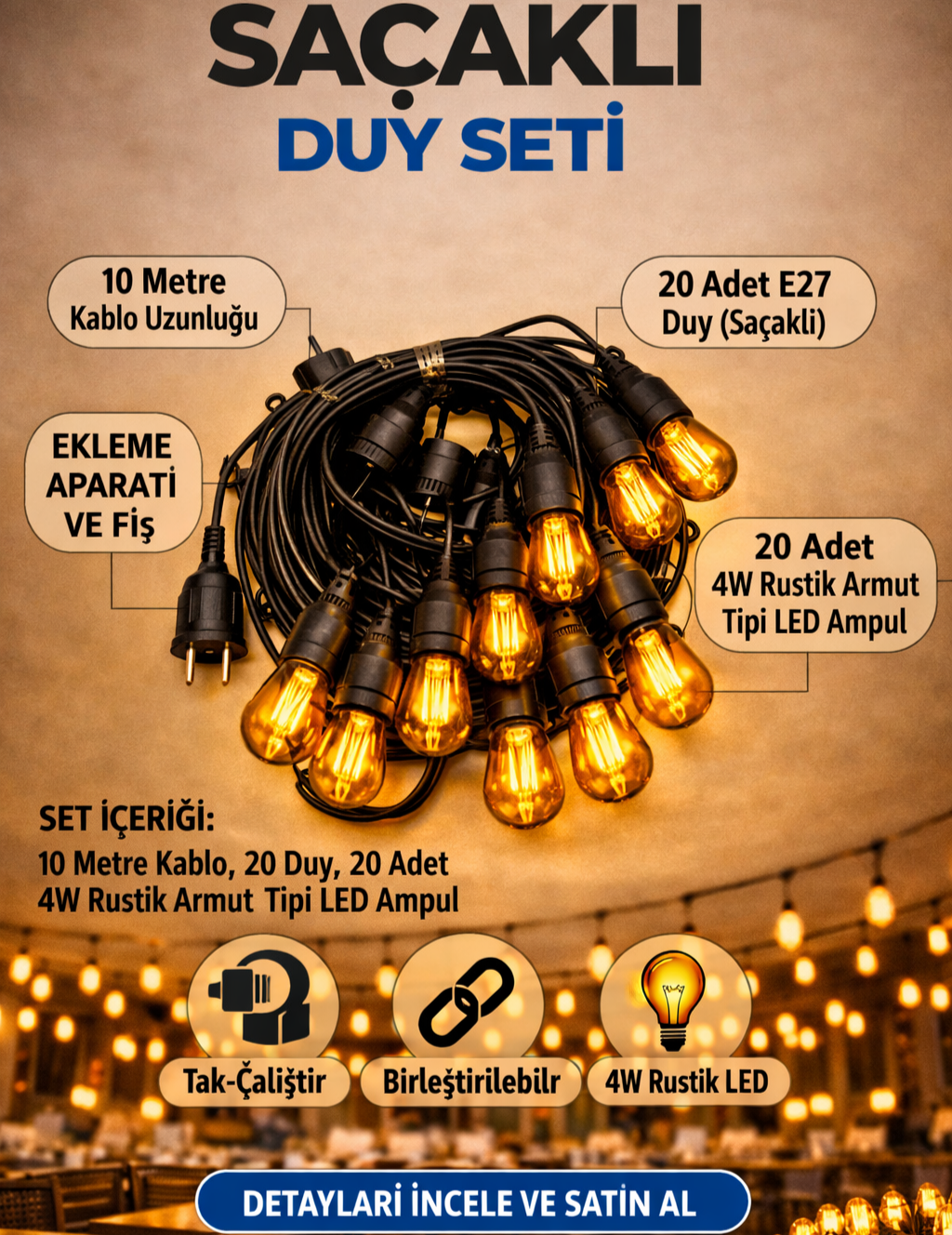 Saçaklı Duy Takımı 20'li Rustik Ampul Seti