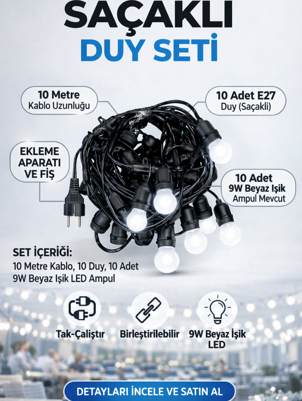 Saçaklı Duy Takımı 10'lu Beyaz Işık LED Ampul