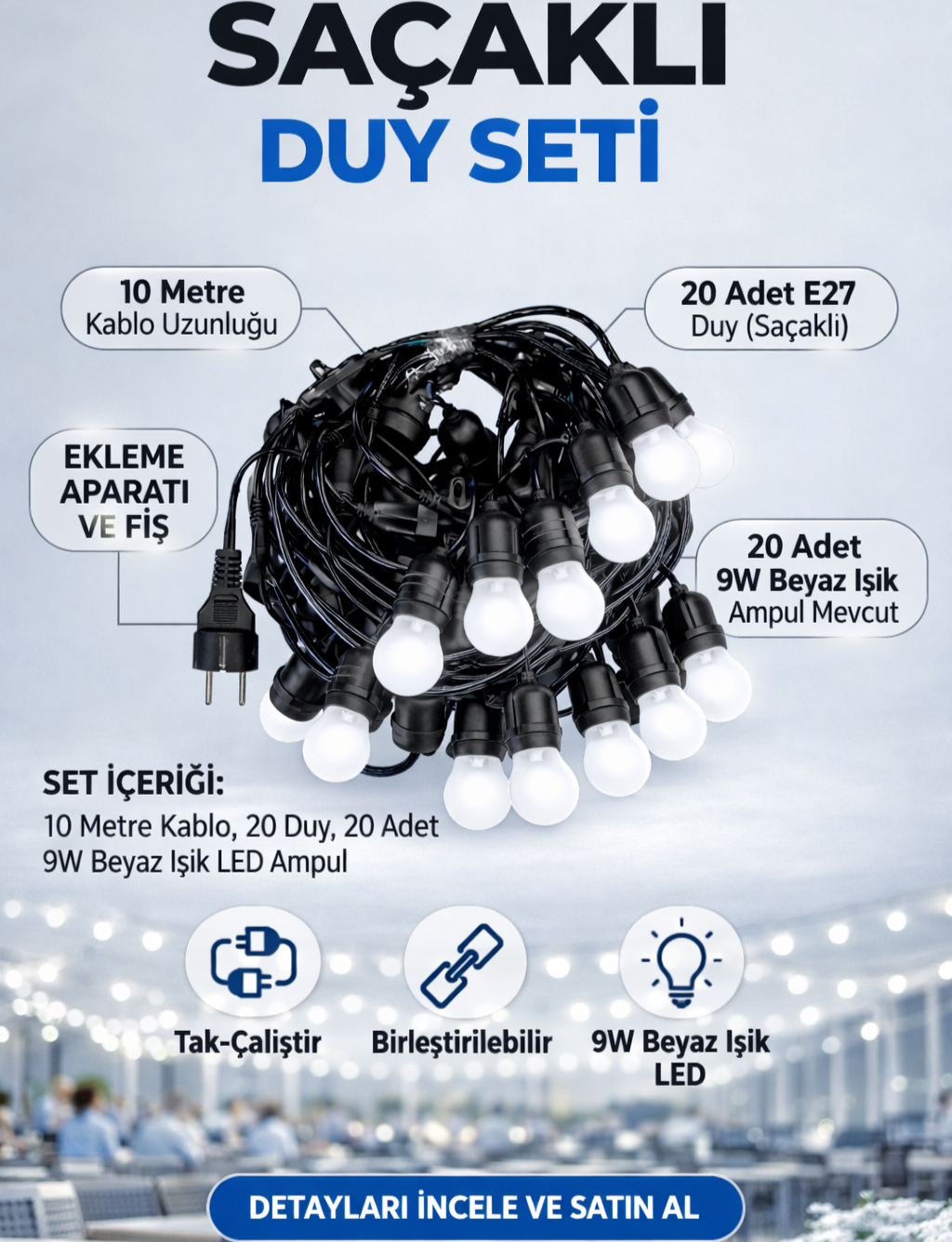 Saçaklı Duy Takımı 20'li Beyaz Işık LED Ampul İle