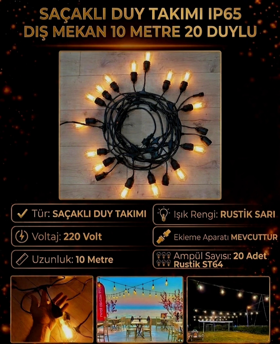 Saçaklı Duy Takımı IP65 Dış Mekan – 10 Metre 20 Rustik Ampullü