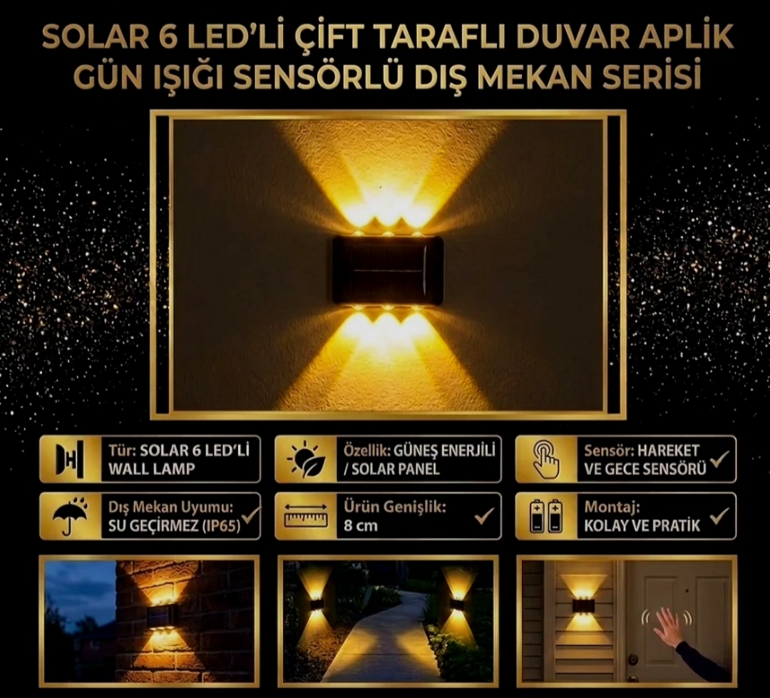 Solar Duvar Apliği 6 LED Çift Taraflı - Gün Işığı Sensörlü 2'li Set