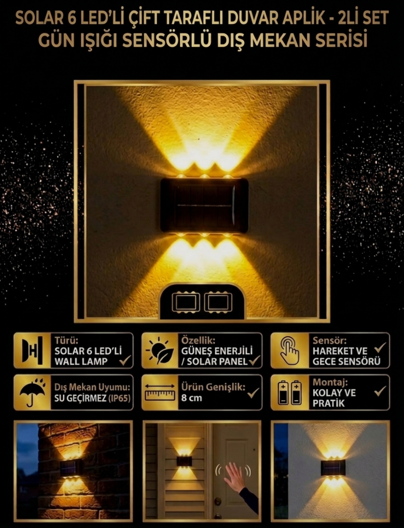 Solar Duvar Apliği 6 LED Çift Taraflı - Gün Işığı Sensörlü 2'li Set