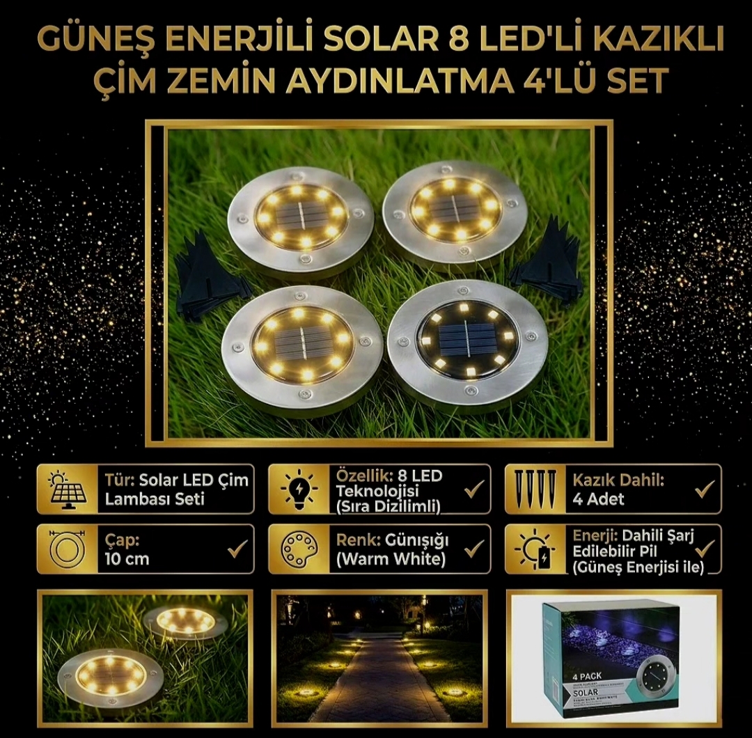 Solar LED Çim Armatürü - 8 LED'li Gömme Zemin Aydınlatma 4'lü Set