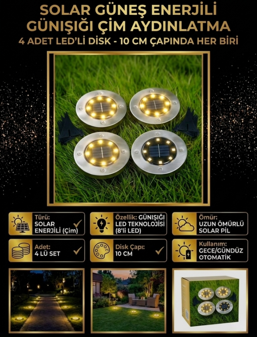 Solar LED Çim Armatürü - 8 LED'li Gömme Zemin Aydınlatma 4'lü Set