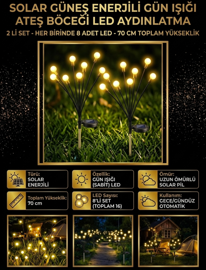 Solar Ateş Böceği LED Bahçe Lambası - Gün Işığı Rüzgarla Sallanan 2'li Set