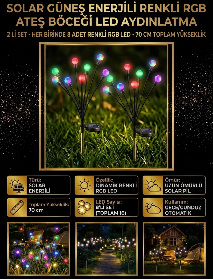 Solar Ateş Böceği LED Bahçe Aydınlatması - Rüzgarla Sallanan RGB 2'li Set