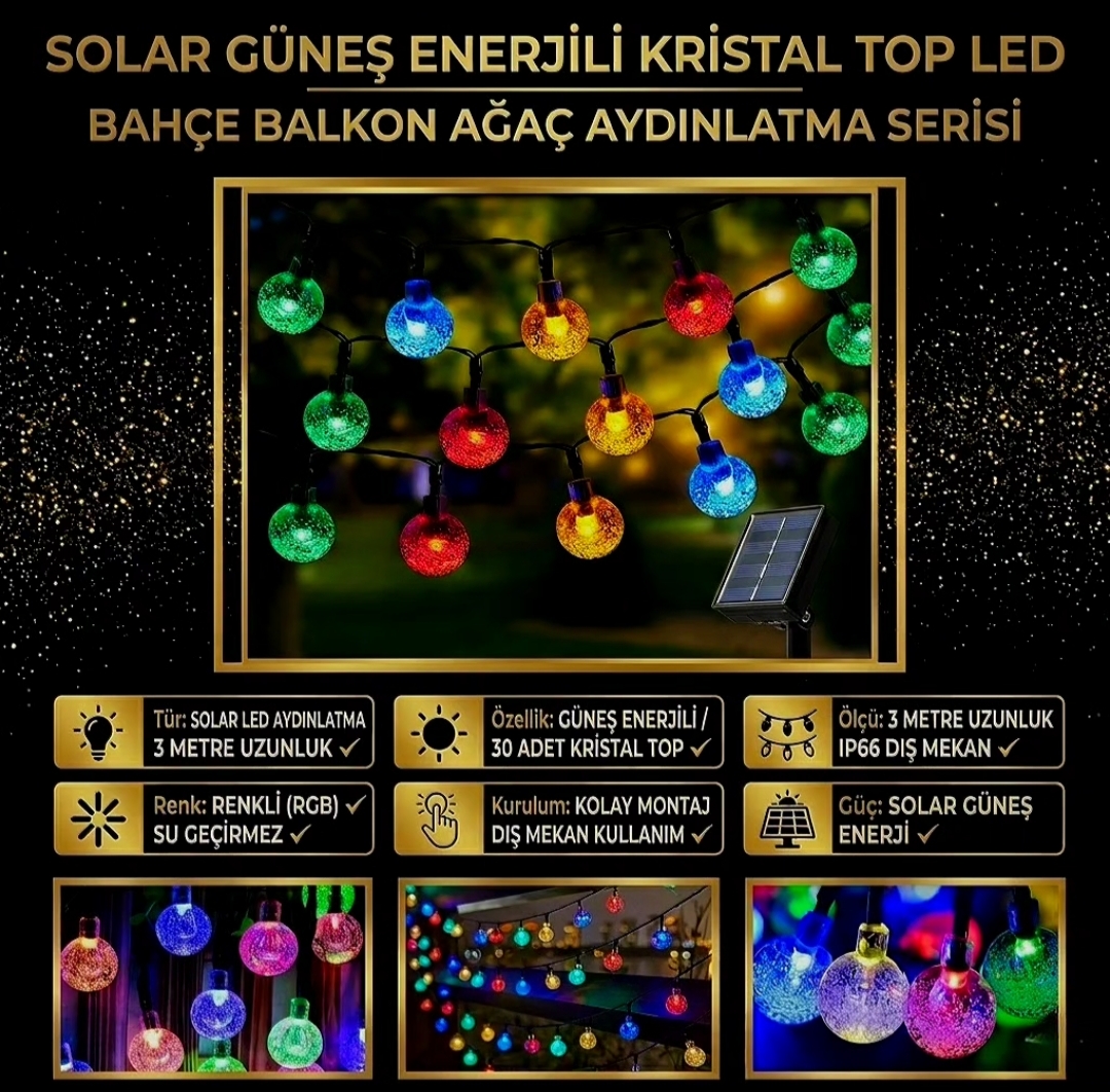 Kristal Top Solar LED Bahçe Aydınlatması - 3 Metre 30'lu RGB Renkli Seri