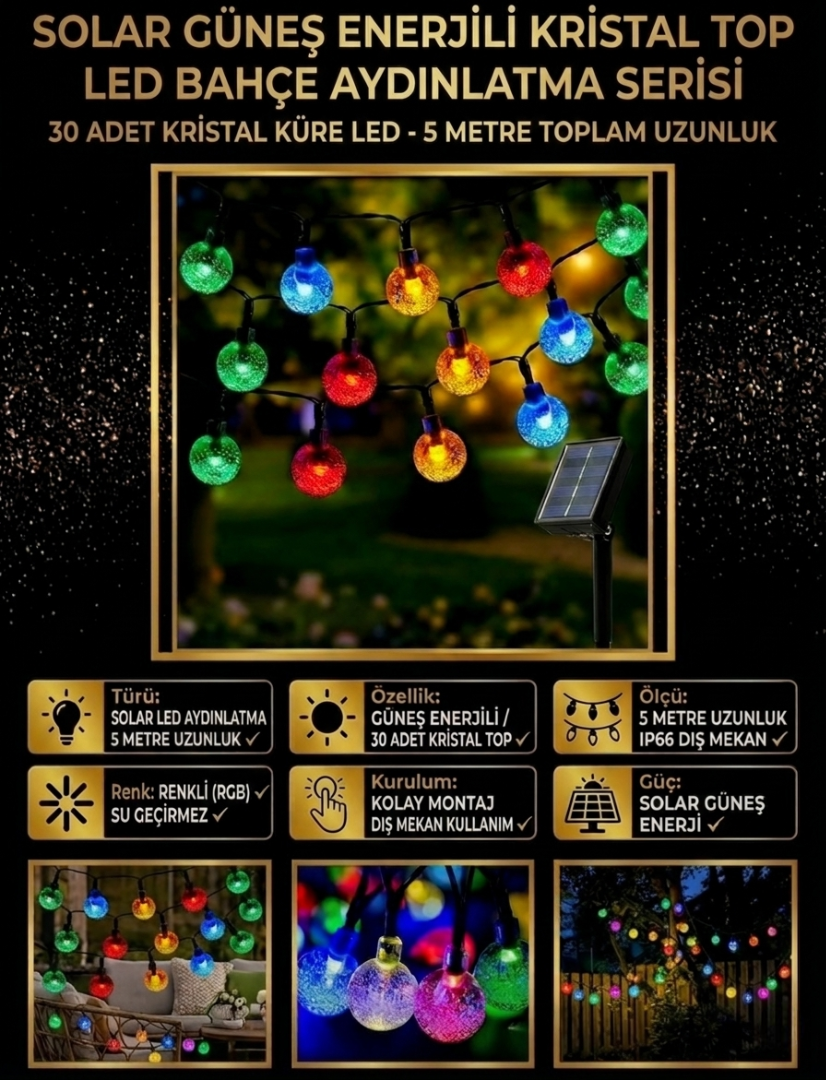 Kristal Top Solar LED Bahçe Aydınlatması - 5 Metre 30'lu RGB Renkli Seri