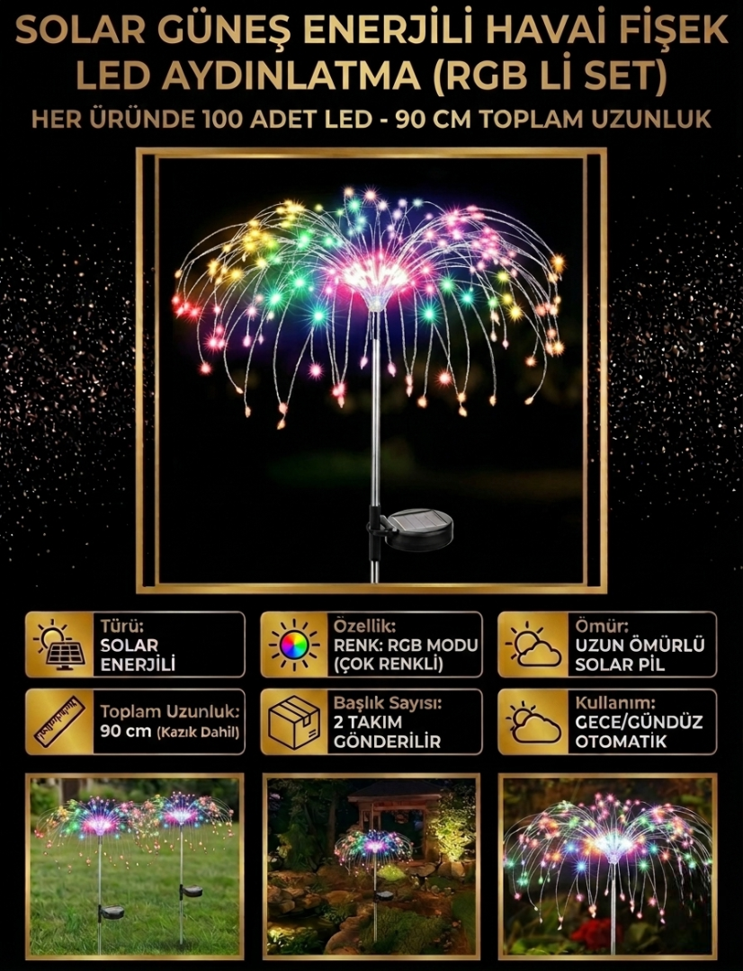 Solar Havai Fişek LED Renkli Bahçe Aydınlatması - RGB 2'li Set