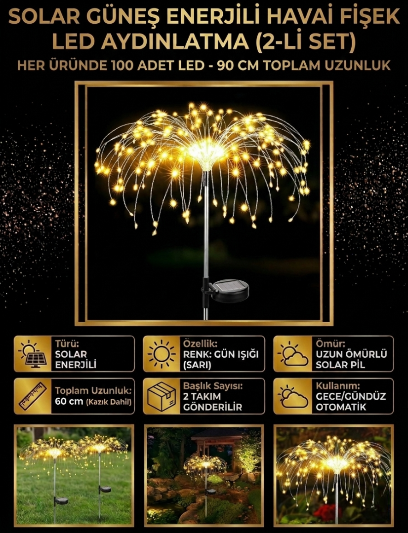 Solar Havai Fişek LED Bahçe Aydınlatma - 2'li Set Gün Işığı