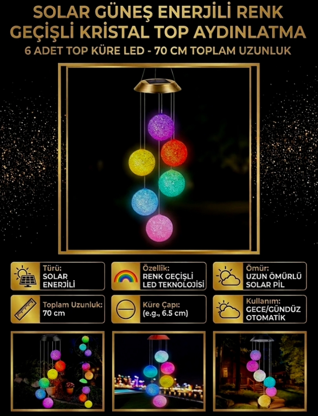 Kristal Top Solar LED Aydınlatma - Renk Geçişli Rüzgar Çanı Tasarımı