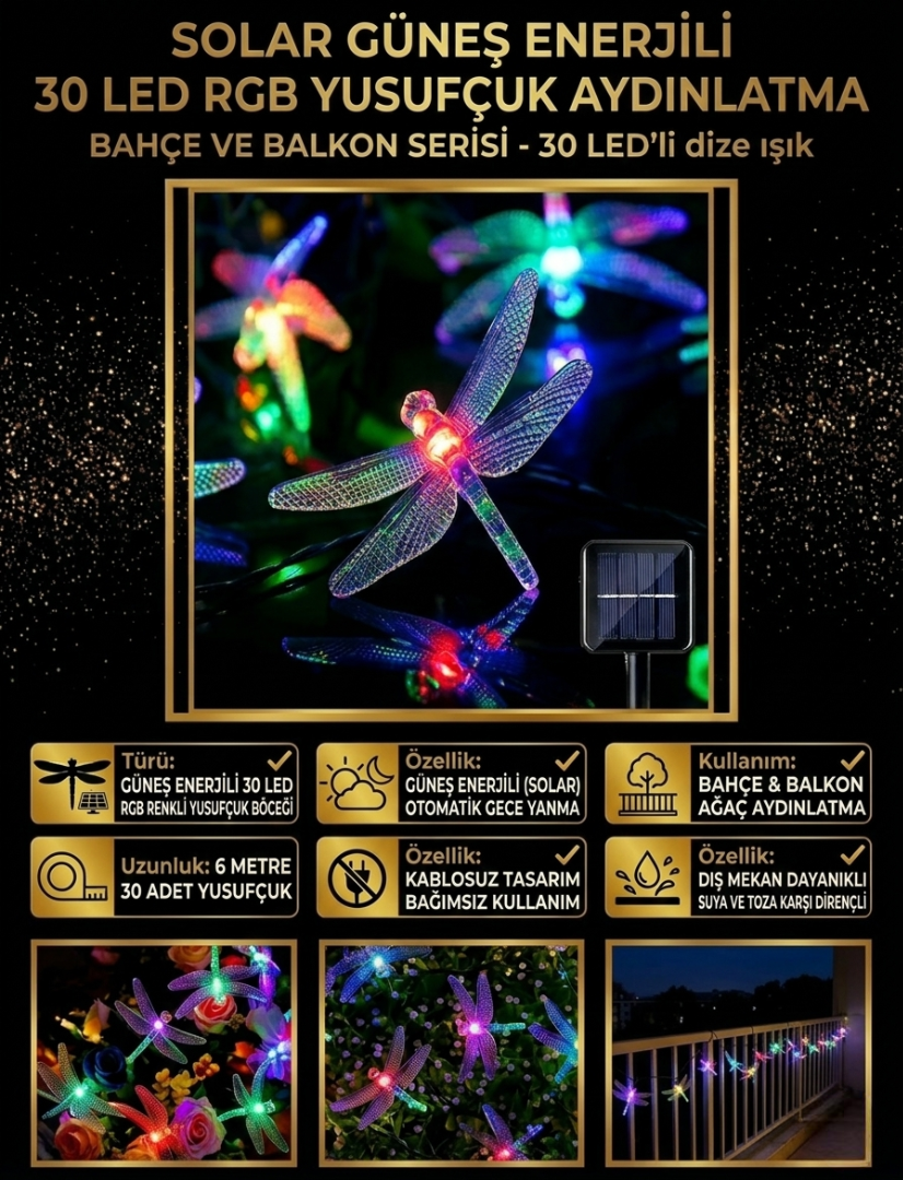 Yusufçuk Solar LED Bahçe Aydınlatması - 6 Metre 30'lu RGB Renkli Seri