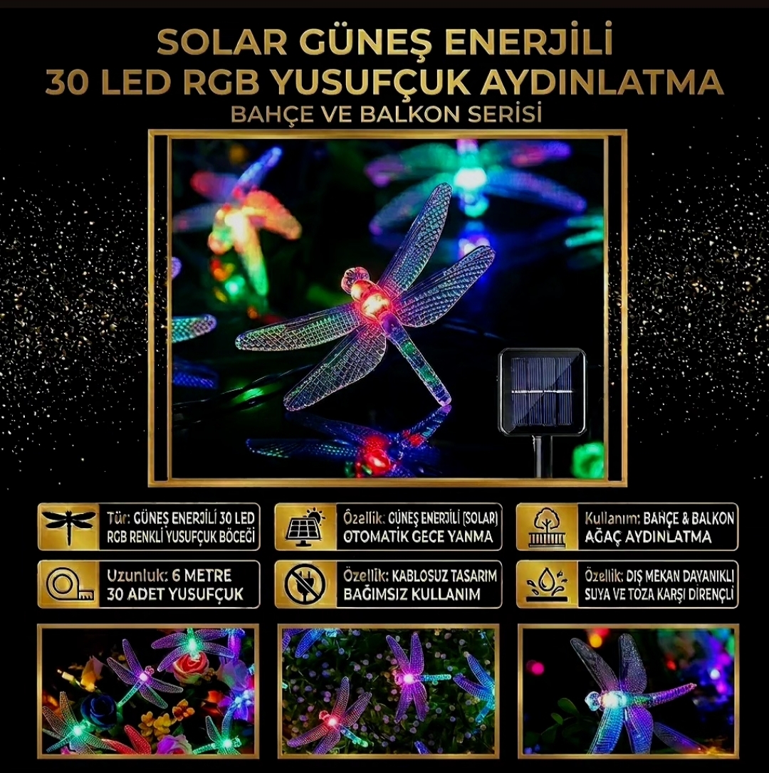 Yusufçuk Solar LED Bahçe Aydınlatması - 6 Metre 30'lu RGB Renkli Seri