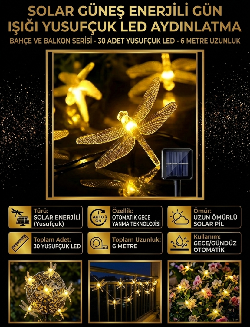 Yusufçuk Solar LED Bahçe Aydınlatması - 6 Metre 30'lu Gün Işığı Seri