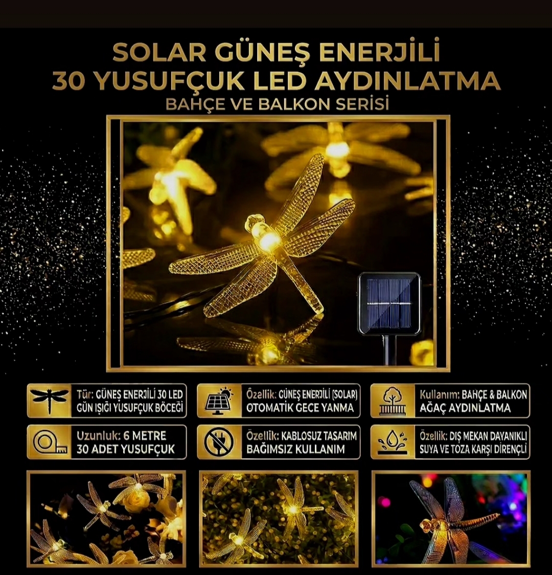 Yusufçuk Solar LED Bahçe Aydınlatması - 6 Metre 30'lu Gün Işığı Seri